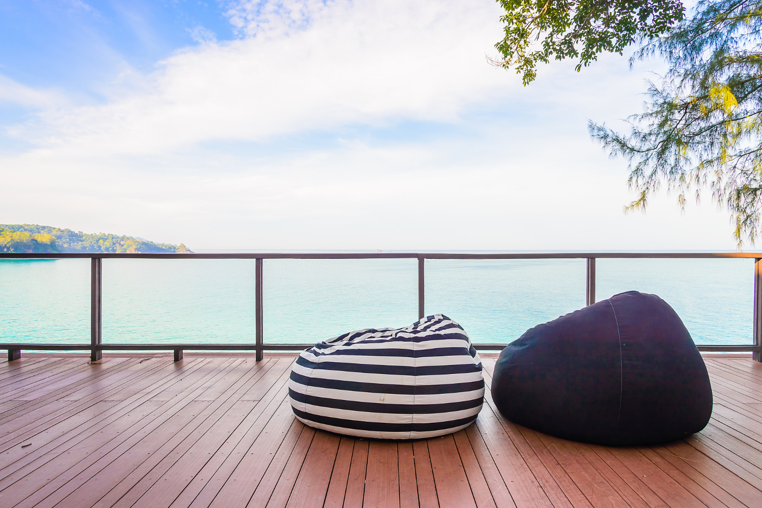 Bean bags on home patio/balcony, featuring timber decking by Superior Decking Australia.