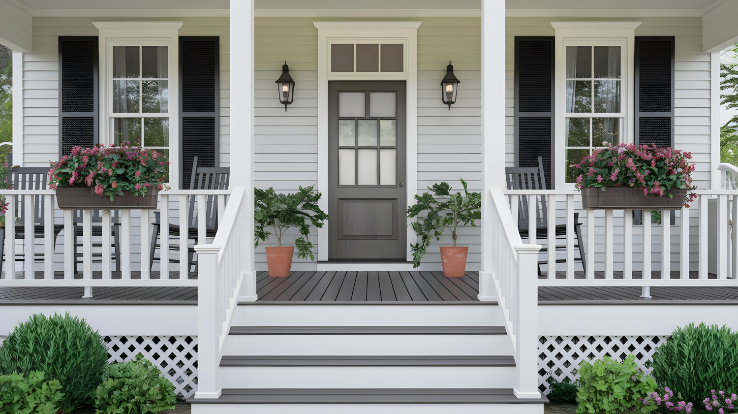 Beautiful white farmhouse style home with dark wood outdoor decking by Superior Decking Australia. 